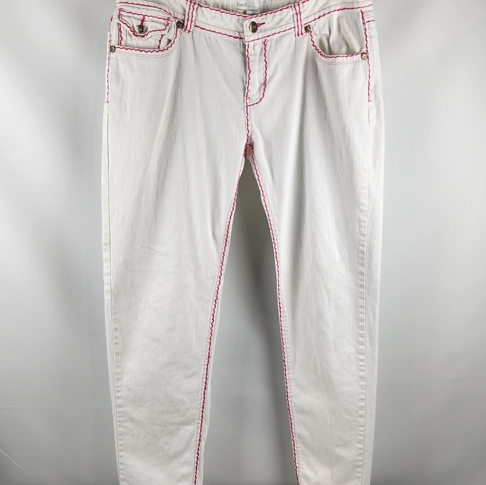 Raw Blue Vintage Womens White Pink Mid Rise Jeans Pocket Embroidered Size 17/18